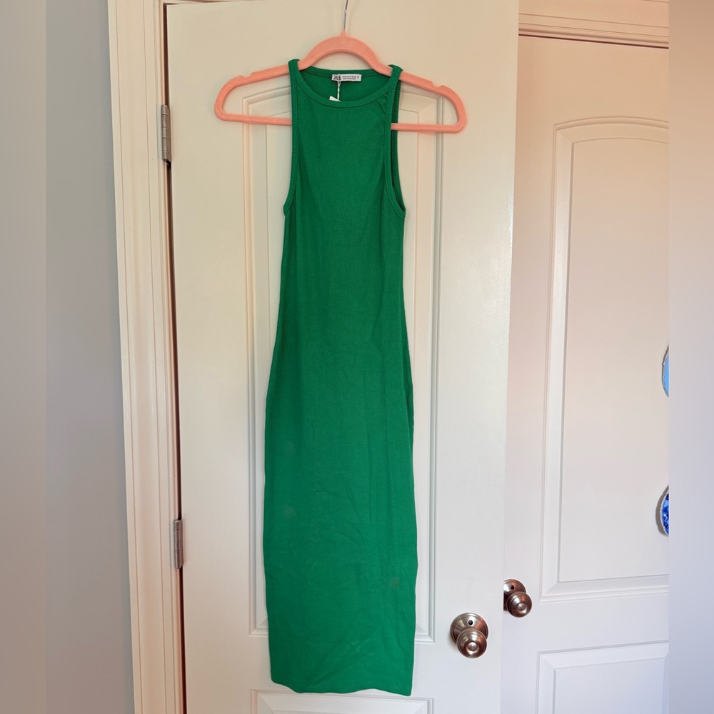 New ZARA Green Ribbed Bodycon Mini Dress